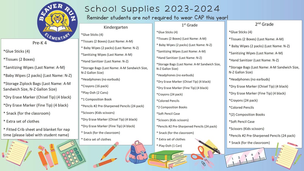 School Supply List 20232024 Beaver Run Elementary